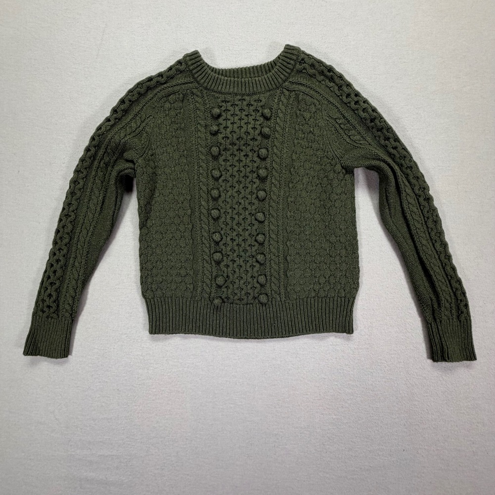 J.Crew Women Small Olive Green Cable Knit Bobble Pom Pom Lambswool Blend Sweater